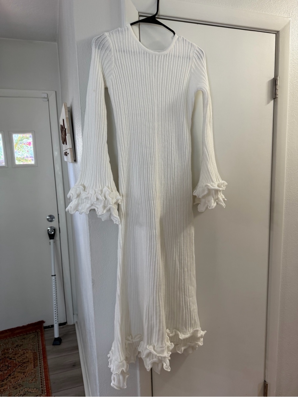 White Ribbed Knit Maxi Dress with Ruffle Sleeves